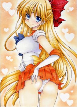  1girl aino_minako ass bishoujo_senshi_sailor_moon blonde_hair blue_eyes bow breasts covered_erect_nipples earrings gloves heart jewelry large_breasts leotard long_hair looking_back magical_girl red_bow sailor_venus short_sleeves thong_leotard very_long_hair yamaneko_ko 