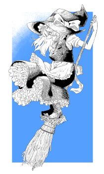  1girl blue_background boots border bow braid braided_sidelock broom broom_riding commentary_request from_side full_body god_g4mes hair_bow hat hat_bow highres holding holding_broom kirisame_marisa long_hair open_mouth petticoat profile shirt short_sleeves skirt solo squatting teeth touhou upper_teeth_only vest white_border witch_hat 