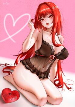  1girl absurdres adapted_costume babydoll barefoot black_babydoll black_panties box breasts breasts_apart chocolate collarbone commentary english_commentary food full_body goddess_of_victory:_nikke hand_up head_tilt heart-shaped_box highres holding holding_chocolate holding_food large_breasts lips long_hair looking_at_viewer open_mouth panties rapi_(nikke) rapi_(red_hood)_(cherished_red)_(nikke) rapi_(red_hood)_(nikke) red_eyes red_hair satellux see-through_clothes seiza signature sitting solo underwear very_long_hair 