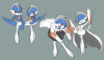  2boys 2girls alternate_color alternate_design alternate_hairstyle alternate_universe arm_blade arm_up black_skirt blue_hair blue_skin bob_cut cape closed_eyes colored_skin dancing facing_another fakemon gallade gen_4_pokemon genderswap genderswap_(mtf) grey_background hand_on_own_hip lampette looking_to_the_side mega_gallade mega_pokemon mega_pokemon_(other) mohawk multicolored_skin multiple_boys multiple_girls nintendo pleated_skirt pokemon pokemon_(creature) pokemon_focus red_eyes red_hair sexual_dimorphism shiny_pokemon sketch skirt tutu two-tone_skin unfinished weapon white_cape white_skin white_skirt 