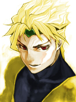  1boy blonde_hair commentary_request dio_brando headband it_apollo jojo_no_kimyou_na_bouken male_focus parted_bangs parted_lips portrait red_eyes short_hair smile solo stardust_crusaders turtleneck 