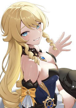 1girl bare_shoulders blonde_hair blue_eyes blue_gemstone blush bow breasts cleavage commentary_request detached_sleeves from_side gem genshin_impact grin hand_up highres kakabos large_breasts looking_at_viewer looking_to_the_side navia_(genshin_impact) ship's_wheel_ornament simple_background sitting smile solo star_(symbol) star_in_eye symbol_in_eye teeth unworn_headwear white_background yellow_bow rating:Sensitive score:17 user:danbooru