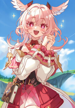 1girl blue_sky blush book cliff cloud commentary genshin_impact hands_up head_wings heart heart-shaped_pupils highres interlocked_fingers linnea_(genshin_impact) long_sleeves looking_at_viewer medium_hair miz_(mi) open_mouth outdoors pink_eyes pink_hair pointy_ears red_skirt shirt skirt sky smile solo sparkle symbol-shaped_pupils untranslatable_commentary white_shirt wings 