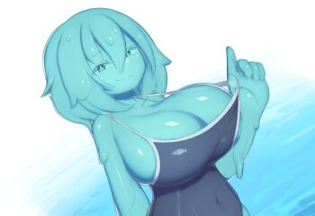  blue_background blue_eyes blue_one-piece_swimsuit blue_skin breasts cleavage collarbone colored_skin competition_school_swimsuit dutch_angle gradient_background hair_between_eyes highres huge_breasts liquid_hair looking_at_viewer medium_hair monster_girl one-piece_swimsuit original school_swimsuit slime_(creature) slime_(substance) slime_girl slime_hair smile strap_pull swimsuit upper_body white_background yalloy 