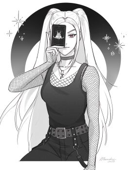  1girl absurdres card choker closed_mouth commentary english_commentary fishnet_top fishnets fruityycupcake greyscale highres holding holding_card jewelry kpop_demon_hunters long_hair mira_(kpop_demon_hunters) monochrome necklace pink_eyes sash sidelocks signature solo spot_color tank_top twintails 