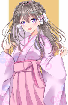  1girl :d absurdres blush bow braid brown_hair commentary_request crown_braid fujishima_megumi furisode hair_bow hakama hakama_skirt highres japanese_clothes kimono link!_like!_love_live! long_sleeves looking_at_viewer love_live! maymaru open_mouth outside_border pillarboxed pink_hakama pink_kimono purple_eyes skirt smile solo tareme teeth upper_teeth_only virtual_youtuber white_bow yellow_background 