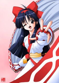 1990s_(style) 1girl ainu_clothes artist_name blue_eyes blue_hair breasts fingerless_gloves gloves hair_ribbon legs long_hair looking_at_viewer medium_breasts nakoruru one_eye_closed open_mouth outstretched_arm retro_artstyle ribbon samurai_spirits smile snk solo source_request the_king_of_fighters thighs tongue weapon wink