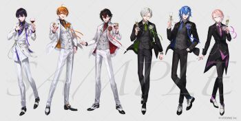 6+boys :d ;d ahoge alcohol amayume_remu arkhe arm_at_side belt black_belt black_eyes black_hair black_jacket black_nails black_pants black_shirt black_shoes black_streaks black_suit black_vest blue_flower blue_hair blue_jacket blue_necktie blue_ribbon blue_socks boutonniere buttons champagne champagne_flute charlo_(chrono_reverse) chrono_reverse closed_mouth collar_chain_(jewelry) collared_shirt colored_inner_hair commentary_request contrast_collar copyright_notice cross-laced_shoes crossed_bangs cup cupping_glass curtained_hair double-breasted suit_pants dress_shoes drinking_glass ear_chain earrings flower formal_clothes full_body green_eyes green_hair green_jacket green_necktie green_ribbon grey_eyes hair_between_eyes hand_in_pocket hand_on_own_hip hand_up heterochromia highres holding holding_cup jacket jewelry kaname_(chrono_reverse) lapels lineup linked_piercing loafers long_sleeves looking_at_viewer male_focus medium_hair monk_shoes multicolored_hair multicolored_shoes multiple_boys multiple_rings nail_polish necktie notched_lapels official_art one_eye_closed open_clothes open_jacket open_mouth orange_eyes orange_flower orange_hair orange_jacket orange_necktie orange_ribbon orange_socks oxfords pants parted_lips patterned_hair piercing pink_flower pink_hair pink_jacket pink_necktie pink_socks purple_eyes purple_flower purple_hair purple_necktie purple_ribbon red_flower red_jacket red_necktie red_pupils red_ribbon red_socks red_wine ribbon ring saddle_shoes sample_watermark shino_(chrono_reverse) shirt shoes short_hair simple_background smile socks standing streaked_hair suit suit_jacket tailcoat tie_clip two-tone_shoes urumiya utkw_n vest wallet_chain watch watermark watermark_grid white_background white_belt white_flower white_hair white_jacket white_pants white_ribbon white_shoes white_streaks white_suit white_vest wine wine_glass wristwatch yellow_eyes
