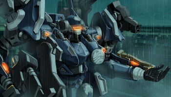  absurdres armored_core armored_core:_nexus commentary glowing gun hand_up highres holding holding_gun holding_weapon looking_up machinery mecha mecha_focus no_humans open_hand oracle_(armored_core) orange_visor rain rifle robot science_fiction tsudzura_(hiyokonohina831) upper_body weapon 