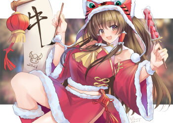  2021 :d adapted_costume ascot blush boots breasts brown_eyes brown_hair chinese_knot chinese_new_year clothing_request detached_sleeves frilled_hair_tubes frills hair_tubes hakurei_reimu hat holding holding_pen kevn long_hair medium_breasts mixed-language_commentary open_mouth pen red_boots red_hat red_shirt red_skirt red_sleeves shirt skirt smile touhou translation_request very_long_hair winter_clothes yellow_ascot 