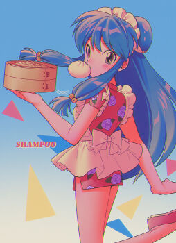  1girl absurdres bamboo_steamer bell blush character_name commentary_request double_bun dress dumpling food food_in_mouth hair_bell hair_bun hair_ornament highres long_hair maid_headdress menma_(enaic31) purple_hair ranma_1/2 red_dress shampoo_(ranma_1/2) sidelocks signature 