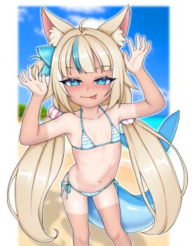  1girl :3 absurdres ahoge animal_ear_fluff animal_ears armpits arms_up beach bikini blonde_hair blue_bikini blue_eyes blue_hair blue_ribbon blue_sky blue_streaks blurry blurry_background blush breasts cat_ears cloud collarbone day fang feet_out_of_frame fins fish_tail flat_chest hair_ornament hair_ribbon hands_up highres indie_virtual_youtuber lifebuoy_hair_ornament liquid loli long_hair looking_at_viewer low_twintails multicolored_bikini multicolored_hair navel ocean outdoors ribbon rigel7132 sameko_saba sand shark_girl shark_tail side-tie_bikini_bottom sky small_breasts smile solo standing stomach streaked_hair striped striped_bikini striped_clothes swimsuit tail tan tanline thighs tongue tongue_out tree twintails two-tone_bikini two-tone_hair two-tone_swimsuit very_long_hair virtual_youtuber water white_bikini  rating:Questionable score:26 user:CunnyInc