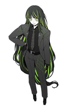  1girl alfonso_(project_moon) belt black_gloves black_hair black_necktie black_pants black_suit co_duck commentary formal_clothes full_body gloves green_eyes green_hair hand_on_own_hip highres limbus_company long_hair looking_at_viewer multicolored_hair necktie pants project_moon simple_background smile solo standing streaked_hair suit untranslatable_commentary very_long_hair white_background 