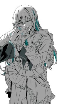  2girls ado_(utaite) aqua_nails blue_hair chando_(ado) colored_inner_hair commentary crying dress gloves gunjyou_(gunjyou_00) hashtag-only_commentary hatsune_miku highres long_hair long_sleeves mole mole_under_eye multicolored_hair multiple_girls nail_polish simple_background solo_focus tears utaite vocaloid white_background wiping_tears 