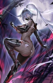  1girl absurdres aqua_eyes ass azur_lane black_bodystocking black_gloves black_panties black_thighhighs blue_eyes bodystocking bodysuit breasts elbow_gloves fishnet_bodystocking fishnets gloves highres holding holding_kunai holding_weapon kunai large_breasts long_hair looking_at_viewer ninja official_alternate_costume oxygen_mask_(oxygenmask233) panties see-through_bodysuit see-through_clothes solo sovetsky_soyuz_(azur_lane) sovetsky_soyuz_(stringed_interrogation)_(azur_lane) thighhighs thighs torn_bodysuit torn_clothes underwear very_long_hair weapon white_hair  rating:Sensitive score:5 user:danbooru