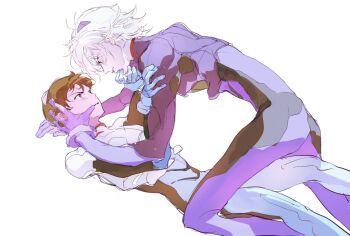  2boys blue_bodysuit bodysuit boy_on_top brown_hair eye_contact hand_on_another's_face highres ikari_shinji interface_headset_(evangelion) looking_at_another male_focus mecha_pilot_suit multiple_boys nagisa_kaworu neon_genesis_evangelion plugsuit_(evangelion) short_hair simple_background skin_tight ssssenferda white_background white_hair 