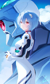  1girl ass ayanami_rei blue_hair blue_sky bodysuit breasts cloud day eva_00 evangelion_(mecha) from_side highres interface_headset_(evangelion) looking_at_viewer mecha_pilot_suit medium_breasts neon_genesis_evangelion parted_lips plugsuit_(evangelion) red_eyes short_hair sky solo takimii white_bodysuit 