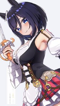  1girl absurdres animal_ears apron armpits artist_name beautifulinsnow black_hair blue_eyes blush bob_cut breasts cleavage closed_mouth commentary_request detached_sleeves dirndl ear_ornament eishin_flash_(meisterschaft)_(umamusume) eishin_flash_(umamusume) frilled_apron frilled_skirt frills german_clothes hair_between_eyes heart heart_in_eye highres holding holding_sword holding_weapon horse_ears horse_girl large_breasts looking_at_viewer o-ring rapier request_inset short_hair skirt smile solo striped_clothes striped_skirt sword symbol_in_eye umamusume upper_body waist_apron weapon white_apron 