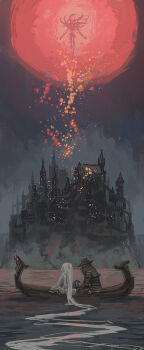  1boy 1girl bloodborne boat city hannes_radke hat highres holding_hands hunter_(bloodborne) long_hair moon moon_presence_(bloodborne) red_moon tangled very_long_hair water watercraft white_hair  rating:Sensitive score:15 user:danbooru