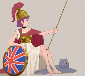  amelia_(pathways) armor barefoot black_choker blue_eyes breastplate britannia british_shorthair cape cat choker dress gold gold_armor helmet hhcccp highres holding holding_polearm holding_shield holding_weapon legs mole mole_under_eye pathways_(game) plume polearm purple_hair red_cape red_plume shield slippers trident union_jack united_kingdom weapon white_dress yellow_eyes 