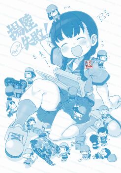  absurdres abyssal_ship artist_logo blue_theme chibi chibi_on_head closed_eyes commentary_request fairy_(kancolle) flying_sweatdrops highres kantai_collection kutone_shirika landing_gear landing_ship_no._101_(kancolle) logo on_head school_uniform serafuku shoes sitting smile socks translation_request 