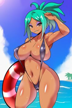  1girl 2026 absurdres arm_up ass beach black_eyes black_slingshot_swimsuit cameltoe cerebella_(skullgirls) clenched_hand closed_mouth cloud cloudy_sky commentary contrapposto covered_erect_nipples cowboy_shot dark-skinned_female dark_skin day diamond_(shape) english_commentary eyeshadow female_focus gluteal_fold green_hair green_lips high_ponytail highres holding holding_swim_ring huge_ass innertube legs_apart long_hair maymayuumi navel ocean outdoors partially_submerged ponytail purple_eyeshadow skullgirls sky slingshot_swimsuit smile solo sun swim_ring swimsuit variant_set wet wet_clothes 