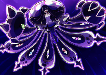 1girl absurdres black_hair commentary_request dress full_body gen_7_pokemon highres long_hair lusamine_(pokemon) lusamine_fused_(pokemon) neko_jp nihilego nintendo official_alternate_eye_color official_alternate_hair_color open_mouth pokemon pokemon_(creature) pokemon_sm smile spoilers tentacles ultra_beast yellow_eyes