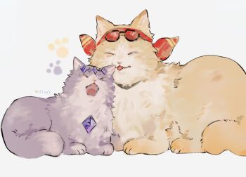  animalization artist_name cat chest_jewel closed_eyes eyewear_on_head gem gem_hair_ornament goggles goggles_on_head headband hololive hololive_english hololive_indonesia kaela_kovalskia koseki_bijou paw_print purple_fur purple_gem red_headband simple_background uri_(tosiphannn) virtual_youtuber white_background yawning yellow_fur 