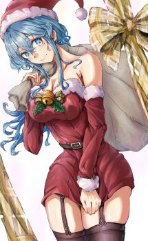  1girl alternate_costume bare_shoulders blue_eyes blue_hair breasts cleavage detached_sleeves dress dress_tug fur-trimmed_dress fur-trimmed_headwear fur-trimmed_sleeves fur_trim garter_straps gotland_(kancolle) hair_between_eyes hair_bun hashtag-only_commentary hat highres holding holding_sack kantai_collection large_breasts long_hair looking_at_viewer mole mole_under_eye red_dress red_hat sack santa_costume santa_dress santa_hat simple_background single_hair_bun solo thighhighs tonke white_background 