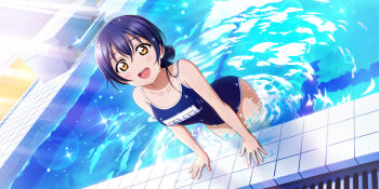  1girl :d bare_arms bare_shoulders blue_hair blue_one-piece_swimsuit blush breasts collarbone competition_school_swimsuit dutch_angle game_cg hair_bun highres light_rays looking_at_viewer love_live! love_live!_school_idol_festival_all_stars love_live!_school_idol_project official_art one-piece_swimsuit open_mouth pool school_swimsuit smile solo sonoda_umi swimsuit teeth third-party_source upper_teeth_only wading wet yellow_eyes 