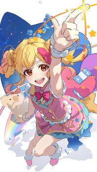  1girl :d aikatsu!_(series) aikatsu_stars! arm_up blonde_hair bow card commentary dress dress_bow floating_hair from_above gradient_hair highres idol idol_clothes index_finger_raised light_blush looking_at_viewer multicolored_hair nekogayasan nijino_yume open_mouth pink_bow pink_hair pink_shoes rainbow shoes sky sleeveless sleeveless_dress smile solo sparkle star_(sky) star_(symbol) starry_sky teeth two-tone_hair upper_teeth_only white_wrist_cuffs wrist_cuffs 