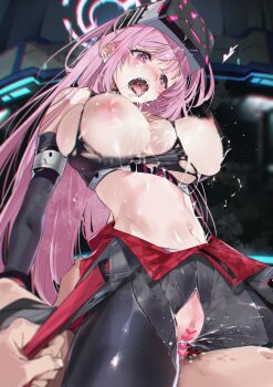  1boy 1girl black_bodysuit black_sports_bra blue_archive bodysuit bodysuit_pull bra breasts commentary_request cowgirl_position crotchless crotchless_bodysuit eimi_(armed)_(blue_archive) eimi_(blue_archive) halo head-mounted_display hetero highres kurotsuki_machi large_breasts long_hair navel nipples official_alternate_costume open_mouth pink_eyes pink_hair pink_halo sex sports_bra straddling torn_bra torn_clothes underwear 