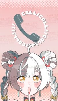  1girl ahoge bare_shoulders black_hair blush braid braided_twintails commentary dialyn_(zenless_zone_zero) dotted_background double_bun earrings english_commentary english_text finger_to_mouth fujishima_(oimo_uma2) hair_bun hair_extensions hair_ornament hairclip jewelry looking_up multicolored_hair open_mouth panda_hair_ornament phone pink_background red_nails ring_hair_extensions solo split-color_hair too_many_watermarks watermark white_hair yellow_eyes zenless_zone_zero 