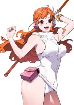  1girl ababubu_zr bangle bare_shoulders belt_pouch blush bracelet breasts brown_eyes clima-tact commentary cowboy_shot floating_hair hands_up headphones highres holding holding_staff hood hoodie jewelry large_breasts leotard log_pose long_hair looking_at_viewer nami_(one_piece) official_alternate_costume one_piece open_mouth orange_hair panties pouch shoulder_tattoo single_sidelock sleeveless sleeveless_hoodie solo staff tattoo teeth thighs underwear upper_teeth_only wavy_hair white_background white_hoodie white_leotard white_panties 