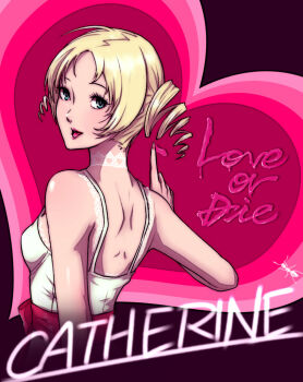  1girl atlus bad_id bare_shoulders blonde_hair blue_eyes bra breasts catherine_(atlus_character) catherine_(game) choker dress drill_hair female_focus highres lingerie lipstick long_hair looking_at_viewer looking_back makeup muzy nail_polish open_mouth pink_ribbon ribbon solo twin_drills twintails underwear white_dress  rating:Sensitive score:10 user:salarta