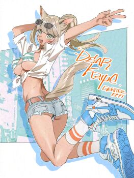  1girl air_jordan_1 animal_ear_fluff animal_ears arms_up belt blonde_hair blue_background blue_shorts border bra breasts breasts_out brown_belt building cat_ears cat_girl cat_tail cityscape clothes_writing commentary_request commission denim denim_shorts drop_shadow eyewear_on_head facial_mark fang final_fantasy final_fantasy_xiv fingernails floating_hair gekitetsu green_bra highres legs_up long_fingernails long_hair medium_breasts midriff miqo'te multicolored_shoes navel open_clothes open_mouth open_shirt orange_socks partial_commentary shirt shoes short_sleeves shorts skeb_commission skin_fang skyscraper slit_pupils smile sneakers socks solo streetwear striped_bra striped_clothes striped_socks sunglasses swept_bangs tail tied_shirt torn_clothes torn_shorts translation_request two-tone_shoes underwear v warrior_of_light_(ff14) white-framed_eyewear white_border white_bra white_shirt white_shoes white_socks yellow_eyes 
