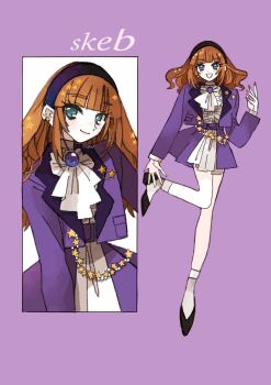  1girl :d ascot blue_eyes blunt_bangs brown_hair closed_mouth commission ear_piercing eyelashes hairband highres long_hair looking_at_viewer multiple_views open_mouth original piercing purple_background purple_hairband simple_background skeb_commission smile star_(symbol) white_ascot yasu_urayaka 