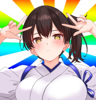  1girl absurdres black_hair breasts brown_eyes commentary_request double_v gradient_background highres japanese_clothes kaga_(kancolle) kantai_collection kimono large_breasts long_hair medium_breasts nitamako_(sakamalh) rainbow_background side_ponytail solo split_mouth sunburst sunburst_background tasuki upper_body v white_kimono 