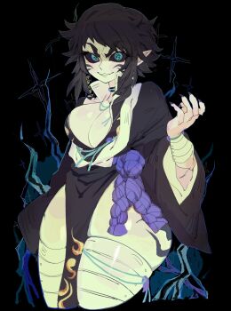  1girl bandaged_leg bandages black_background black_hair black_kimono black_sclera blue_eyes breasts colored_sclera commentary curvy facial_mark genderswap genderswap_(mtf) hand_up highres japanese_clothes kaigaku kimetsu_no_yaiba kimono large_breasts looking_at_viewer pelvic_curtain short_hair smile solo swept_bangs text_in_eyes thick_thighs thighs usa37107692 v-shaped_eyebrows 