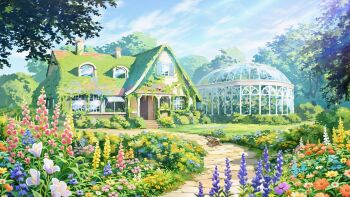  animal blue_sky building bush cloud cloudy_sky commentary_request flower highres house no_humans original outdoors overgrown path pink_flower purple_flower road scenery sky sumassha_t_t tortoise turtle yellow_flower  rating:General score:3 user:danbooru