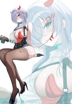  1girl adapted_costume alternate_costume aqua_choker arm_support bare_shoulders black_corset black_gloves black_shoes blue_eyes breasts brid_(nikke) brid_(silent_track)_(nikke) brown_thighhighs chest_harness choker cleavage closed_mouth coffee collared_shirt commentary corrupted_twitter_file corset cup dodo1792295 fake_horns full_body gloves goddess_of_victory:_nikke grey_hair hair_between_eyes hair_over_one_eye harness high_heels highres holding holding_cup horns invisible_chair large_breasts leotard long_hair looking_at_viewer red_leotard shirt shoes sideboob sidelocks sitting sleeveless sleeveless_shirt solo strapless strapless_leotard thighhighs torn_clothes torn_thighhighs veins veiny_breasts white_shirt zoom_layer 
