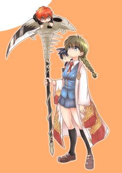  1girl 2boys blue_eyes braid breasts brown_hair haori highres jacket japanese_clothes kyoukai_no_rinne long_hair mamiya_sakura multiple_boys red_hair rokumon school_uniform scythe shoes short_hair skirt socks weapon  rating:Sensitive score:2 user:wereAR