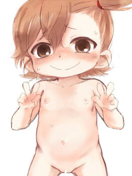  1girl barakamon belly blush censored completely_nude double_v female_focus flat_chest kotoishi_naru light_brown_hair loli looking_at_viewer nude pussy simple_background smile solo v white_background yuuge_(hangoban)  rating:Explicit score:68 user:bednorz