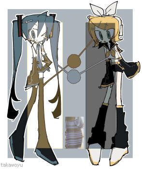  >_o 2girls artist_name bare_shoulders black_boots black_leg_warmers black_sailor_collar black_shorts black_skirt black_sleeves blonde_hair blue_background blue_eyes blue_hair blue_necktie blush_stickers boots border bow colored_skin commentary dress english_commentary full_body hair_bow hair_ornament hairclip hand_on_own_hip hatsune_miku headset highres kagamine_rin leg_warmers long_hair meme miniskirt multiple_girls neckerchief necktie one_eye_closed parallel_hairclips photo_inset sailor_collar shirt short_shorts shorts shoulder_tattoo skirt sleeveless sleeveless_shirt swept_bangs takawoyu tattoo the_dress_(meme) thigh_boots thighhighs toon_(style) twintails very_long_hair vocaloid white_border white_bow white_shirt white_skin yellow_neckerchief zettai_ryouiki 