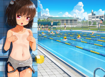 6+boys 6+girls :o blue_sky breasts brown_hair chair clothes_pull cloud collarbone commentary_request covering_breasts covering_privates day gluteal_fold hair_ornament iuro lifeguard lifeguard_chair loli looking_at_viewer multiple_boys multiple_girls navel one-piece_swimsuit_pull one-piece_tan one_side_up open_mouth original outdoors pink_eyes pool public_indecency school school_swimsuit short_hair sky small_breasts solo_focus swim_cap swimming swimsuit tan tanline tile_wall tiles topfreedom topless_female unworn_swim_cap wet wet_hair rating:Questionable score:159 user:danbooru