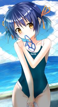  1girl bare_arms black_one-piece_swimsuit blue_hair blush brown_eyes clannad commentary_request commission competition_swimsuit cowboy_shot day fence flat_chest goggles groin hair_between_eyes hair_ribbon head_tilt highleg highleg_one-piece_swimsuit highres looking_at_viewer one-piece_swimsuit orange_ribbon outdoors ribbon short_hair solo sunohara_mei swim_goggles swimsuit twintails water yoanium 