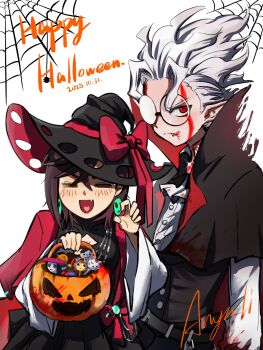  1boy 1girl acrobatic_silky_(dandadan) anyuli ascot ayase_momo basket black_cape black_hat black_vest blood blood_on_face bow brown_hair candy cape chiquitita claw_pose closed_eyes closed_mouth commentary crossed_bangs dandadan dated dress earrings facial_mark facing_viewer fang food glasses glint halloween halloween_bucket halloween_costume happy_halloween hat hat_bow heart heart_in_mouth height_difference highres holding holding_basket jewelry looking_at_viewer open_mouth pointy_ears pumpkin red_dress red_eyes round_eyewear serpo_(dandadan) shirt short_hair signature silk simple_background skin_fang spider_web takakura_ken_(dandadan) takakura_ken_(transformed)_(dandadan) turbo_granny_(dandadan) upper_body vampire vampire_costume vest white_ascot white_background white_hair white_shirt wide_sleeves witch witch_hat 