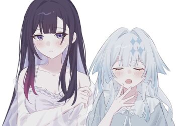  2girls alternate_costume bare_shoulders black_hair blue_hair blue_nightgown breasts cerydra_(honkai:_star_rail) cleavage closed_eyes closed_mouth colored_inner_hair commentary_request hair_intakes hand_up highres honkai:_star_rail honkai_(series) hysilens_(honkai:_star_rail) long_hair looking_at_viewer multicolored_hair multiple_girls nightgown niyo_(0nyo_m) open_mouth purple_eyes purple_hair side-by-side simple_background twitter_username upper_body white_background white_nightgown yawning 