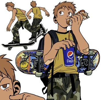  1boy backpack bag bandaid bandaid_on_arm brown_eyes brown_hair camouflage camouflage_pants cup eating food full_body gyoi_0_0 holding holding_cup hot_dog male_focus multiple_views original pants short_hair simple_background skateboard skateboarding solo tank_top yellow_tank_top 