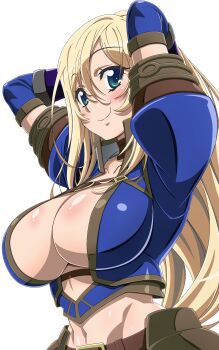  1girl absurdres arms_behind_head arms_up azure_(armor) blonde_hair blue_eyes blush breasts capcom center_opening clarice_(mezeporta_kaitaku-ki) cleavage closed_mouth elbow_gloves female_focus gloves groin highres j.h. large_breasts long_hair looking_at_viewer monster_hunter_(series) monster_hunter_mezeporta_kaitaku-ki navel puffy_short_sleeves puffy_sleeves purple_gloves short_sleeves simple_background smile solo stomach upper_body white_background 